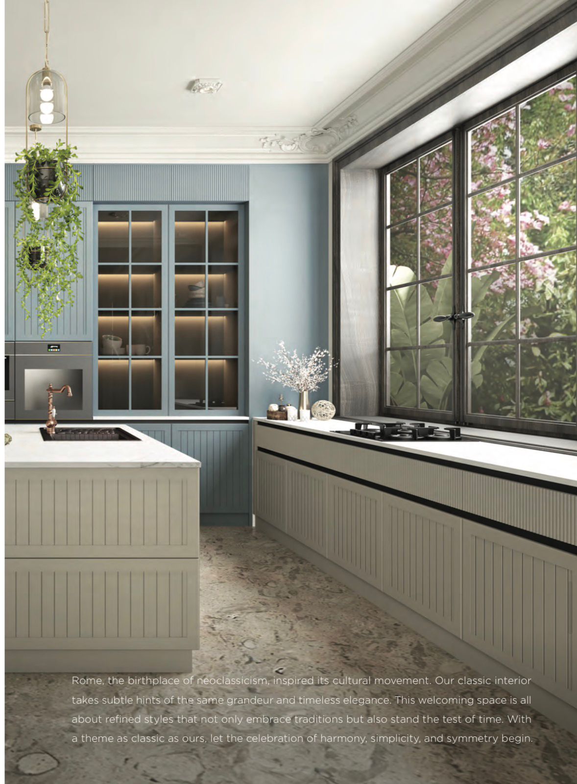 Blue Glass-Front Kitchen with Island, Kanpur